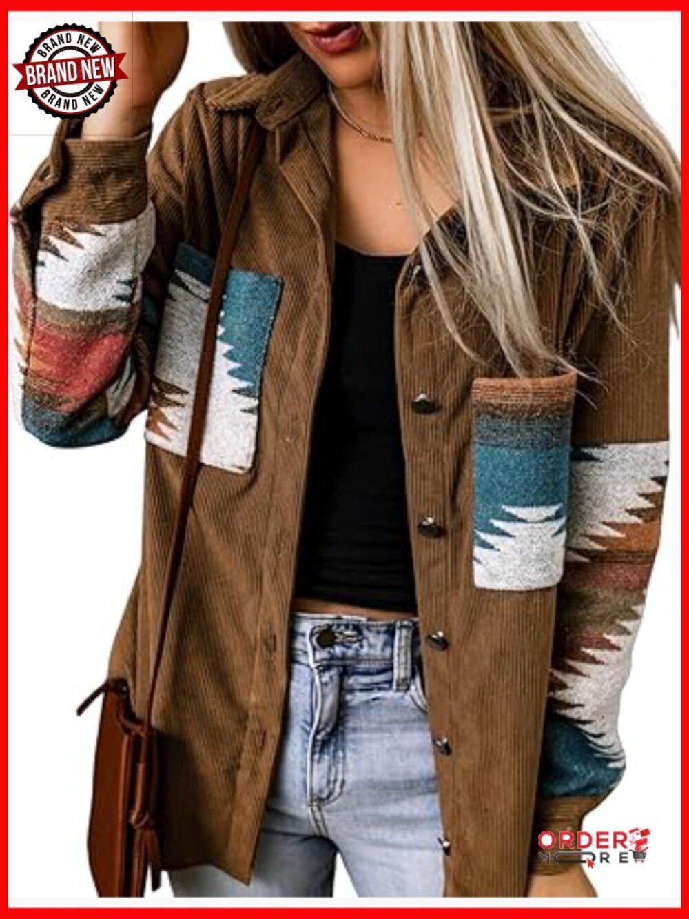 Corduroy Flannel Shirt Jacket Long Sleeve Button Down Loose Shacket with Pockets